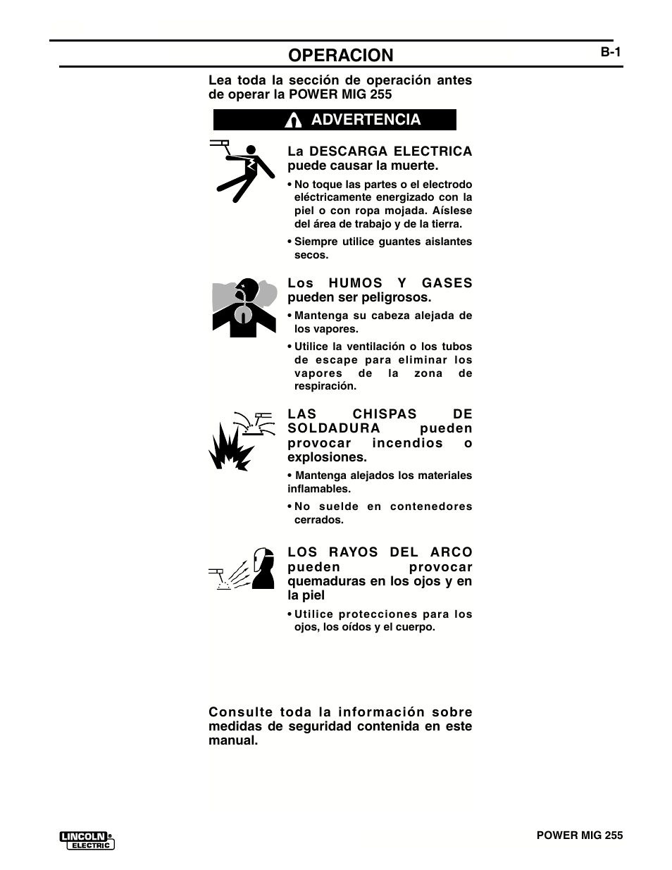 Operacion, Advertencia | Lincoln Electric IMT636 POWER MIG 255 User Manual | Page 15 / 40