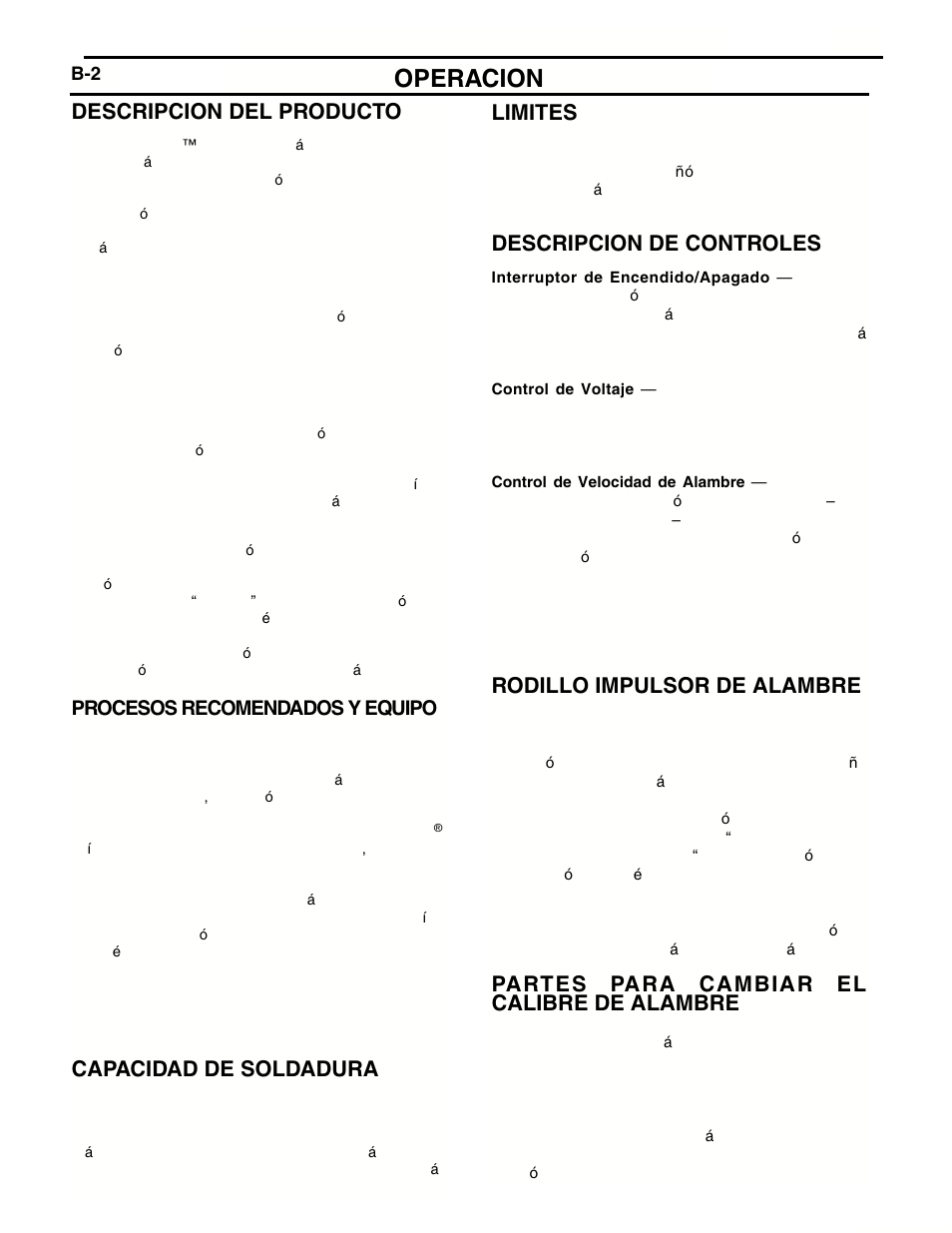 Operacion, Descripcion del producto, Capacidad de soldadura | Limites, Descripcion de controles, Rodillo impulsor de alambre, Partes para cambiar el calibre de alambre, Procesos recomendados y equipo | Lincoln Electric IMT636 POWER MIG 255 User Manual | Page 16 / 40