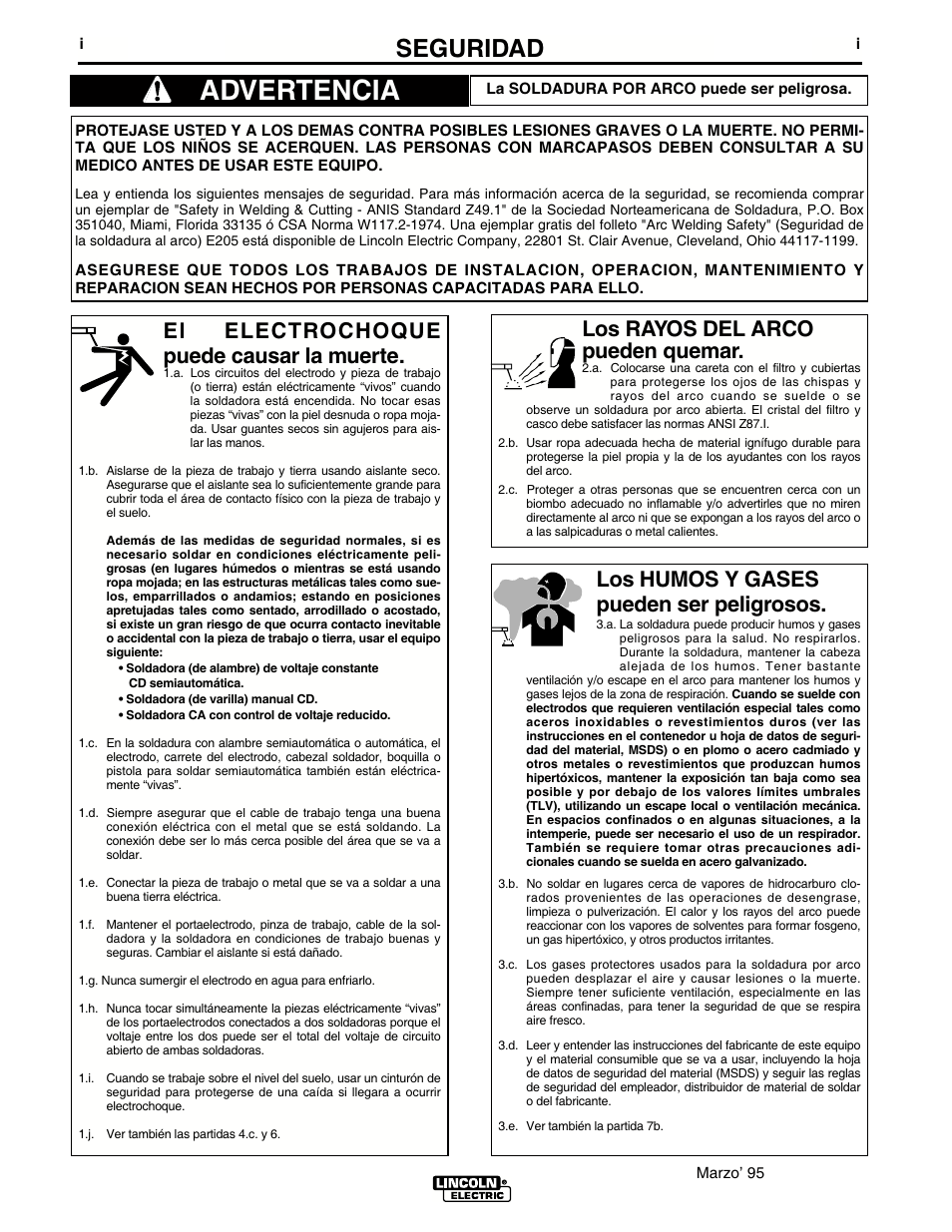 Advertencia, Seguridad, Los rayos del arco pueden quemar | El electrochoque puede causar la muerte, Los humos y gases pueden ser peligrosos | Lincoln Electric IMT636 POWER MIG 255 User Manual | Page 2 / 40