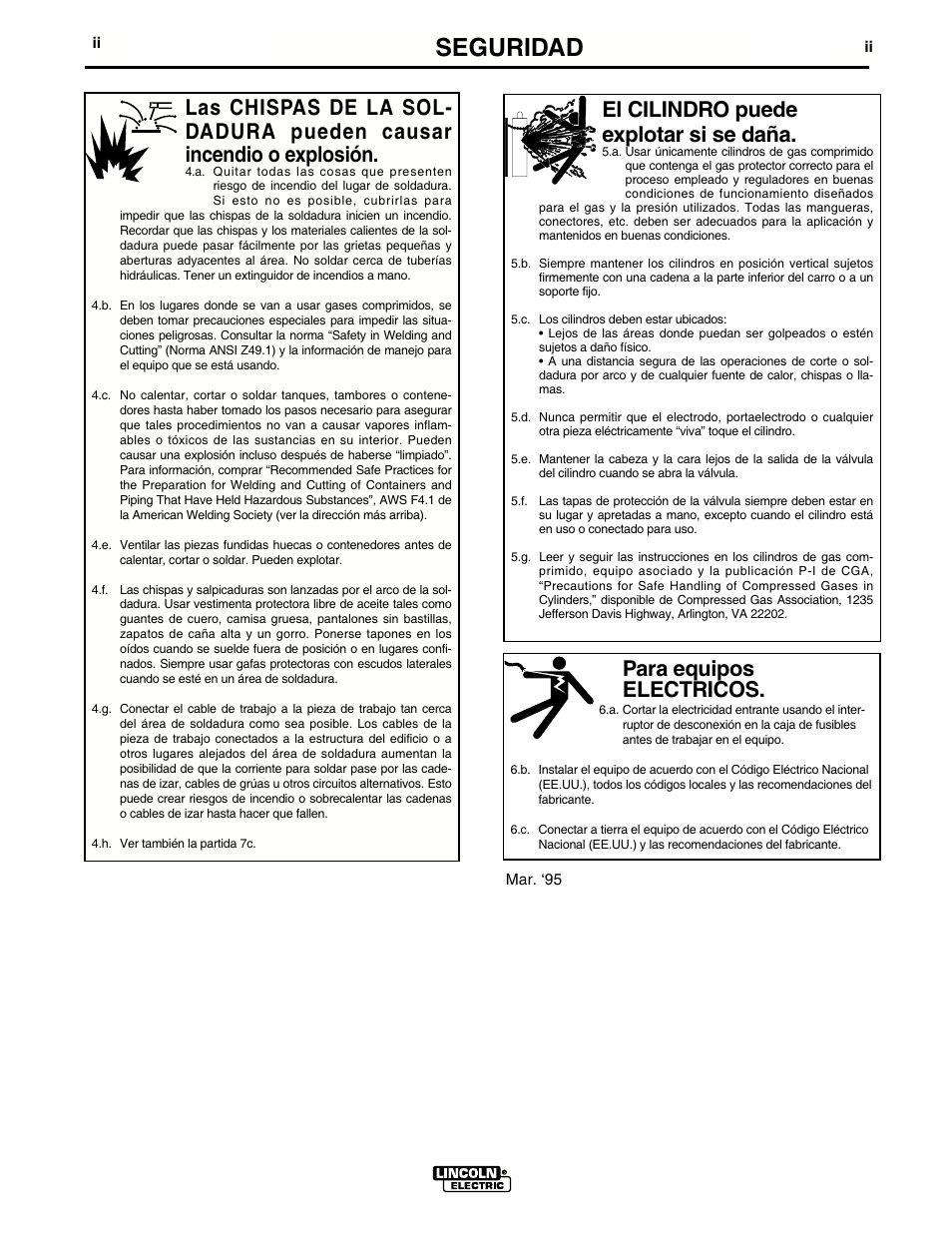 Seguridad, Para equipos electricos, El cilindro puede explotar si se daña | Lincoln Electric IMT636 POWER MIG 255 User Manual | Page 3 / 40