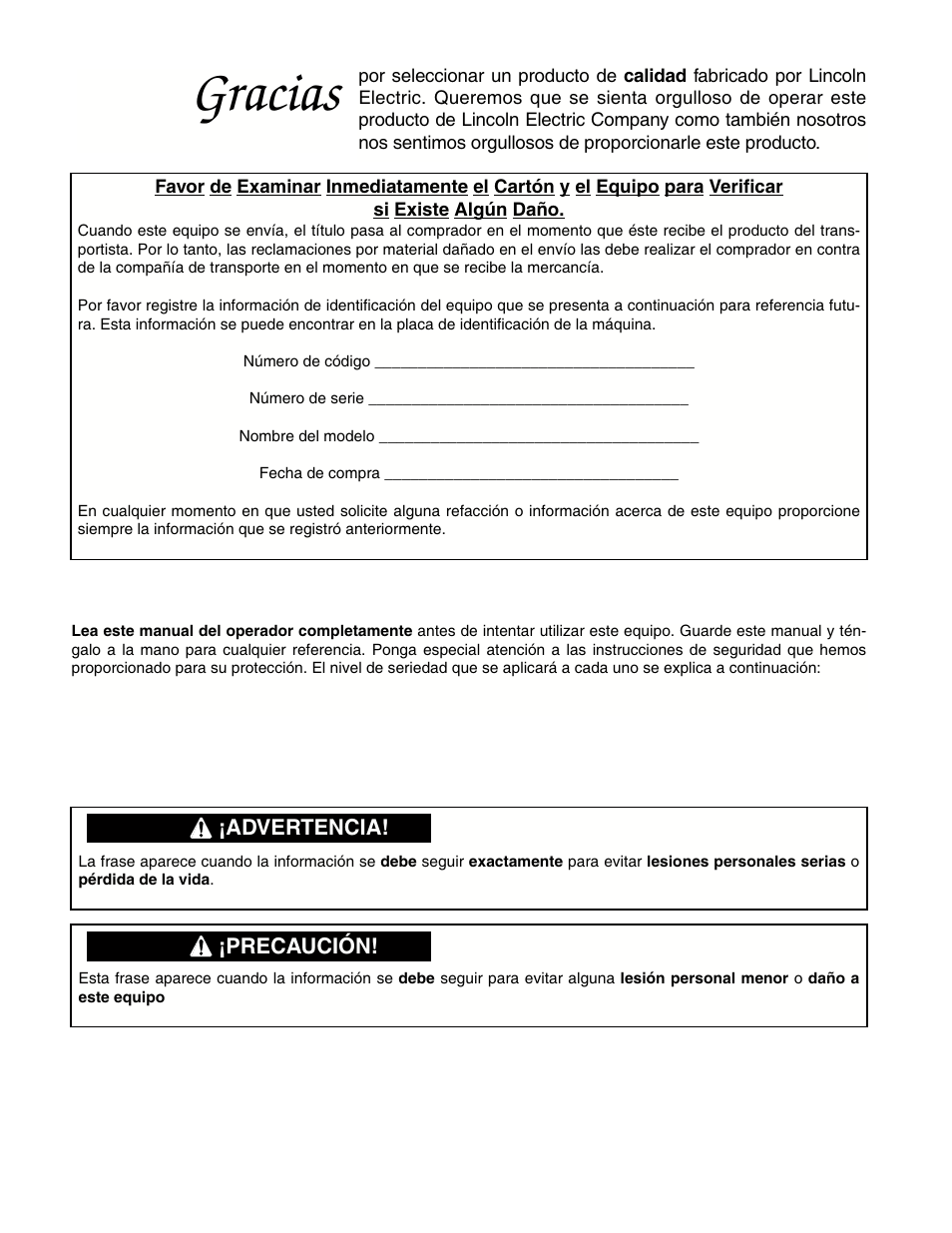 Gracias | Lincoln Electric IMT636 POWER MIG 255 User Manual | Page 6 / 40