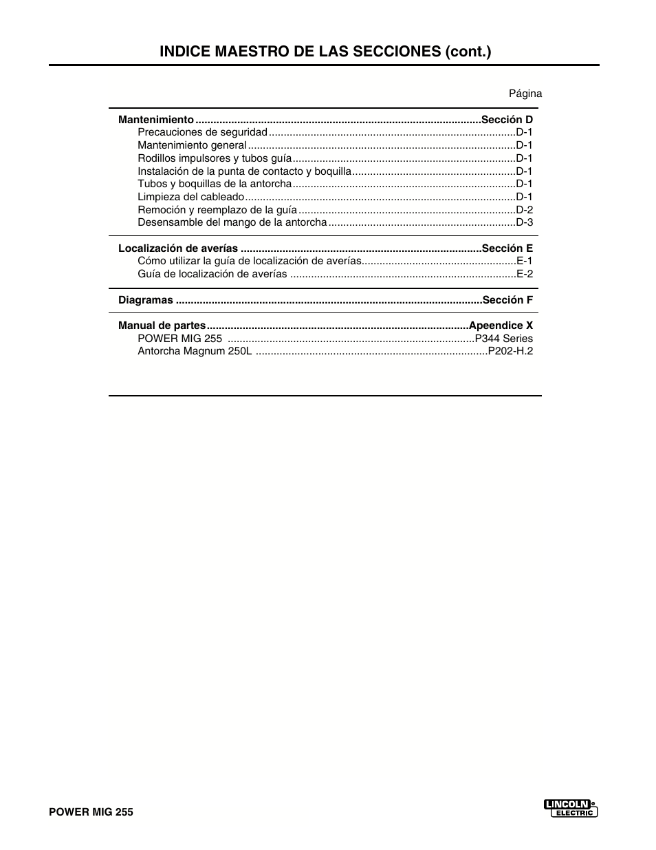 Indice maestro de las secciones (cont.) | Lincoln Electric IMT636 POWER MIG 255 User Manual | Page 8 / 40