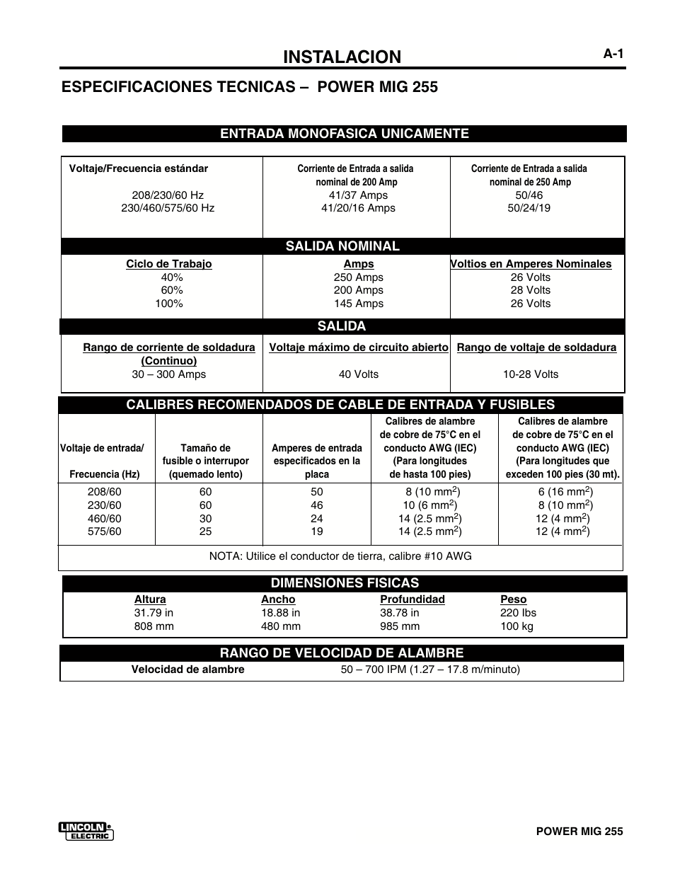 Instalacion, Especificaciones tecnicas – power mig 255 | Lincoln Electric IMT636 POWER MIG 255 User Manual | Page 9 / 40