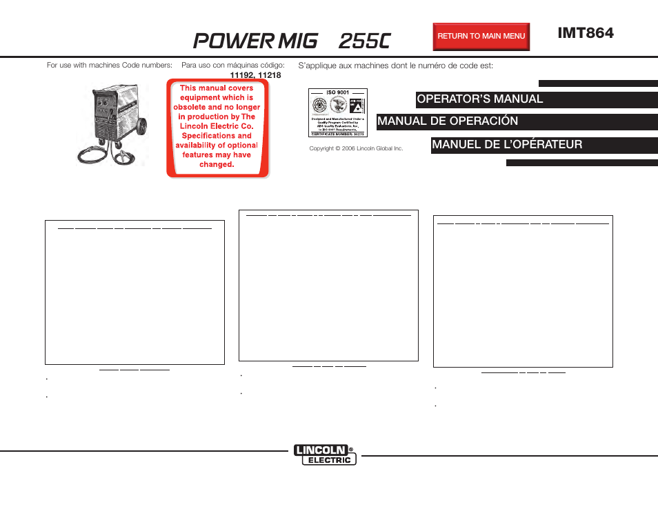 Lincoln Electric IMT864 POWER MIG 255C User Manual | 58 pages