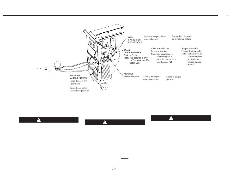 Caution precaucion attention, Figure c.1 making a weld with the spool guns | Lincoln Electric IMT977 POWER MIG 255XT User Manual | Page 36 / 59