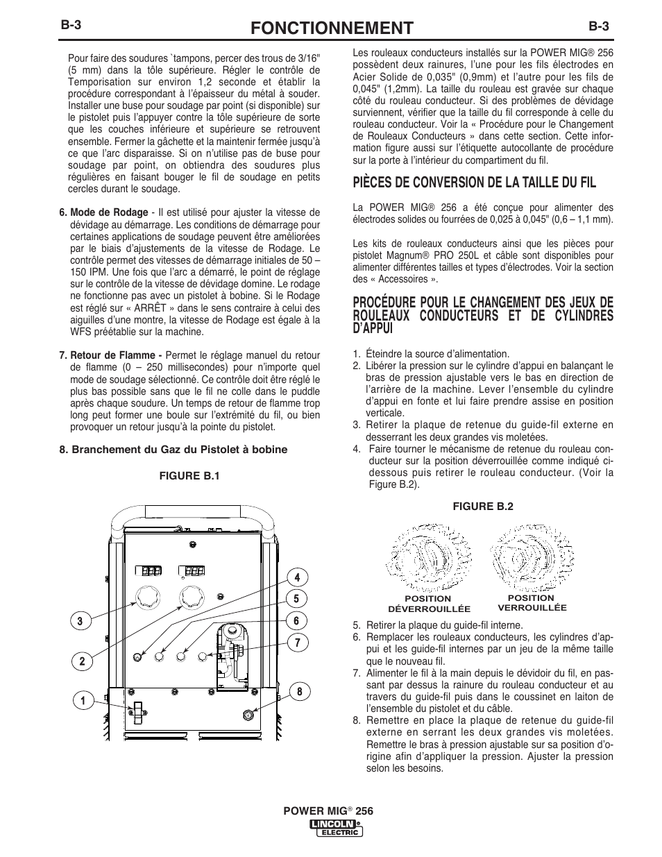 Fonctionnement, Pièces de conversion de la taille du fil | Lincoln Electric IM10096 POWER MIG 256 User Manual | Page 15 / 38