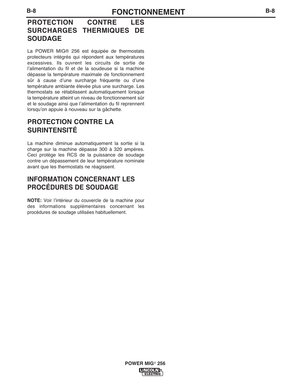 Fonctionnement, Protection contre la surintensité, Information concernant les procédures de soudage | Lincoln Electric IM10096 POWER MIG 256 User Manual | Page 20 / 38