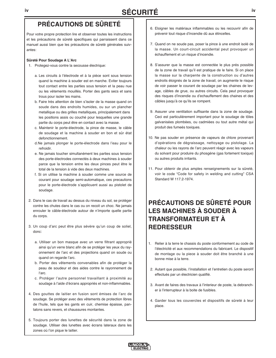 Sécurité, Précautions de sûreté | Lincoln Electric IM10096 POWER MIG 256 User Manual | Page 5 / 38