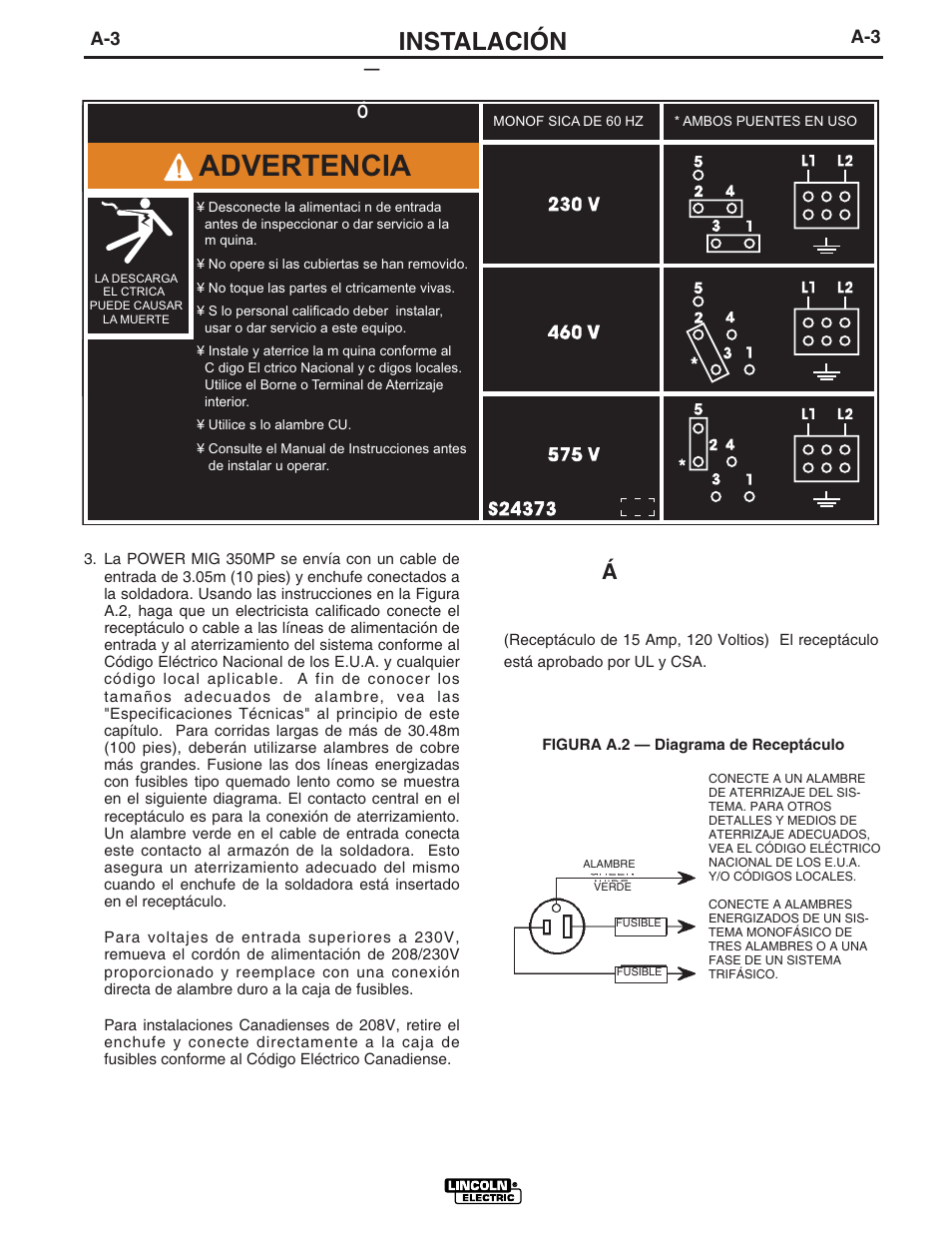 Advertencia, Instalación, Recept á culos de potencia auxiliar | Lincoln Electric IM859 POWER MIG 350MP User Manual | Page 10 / 46