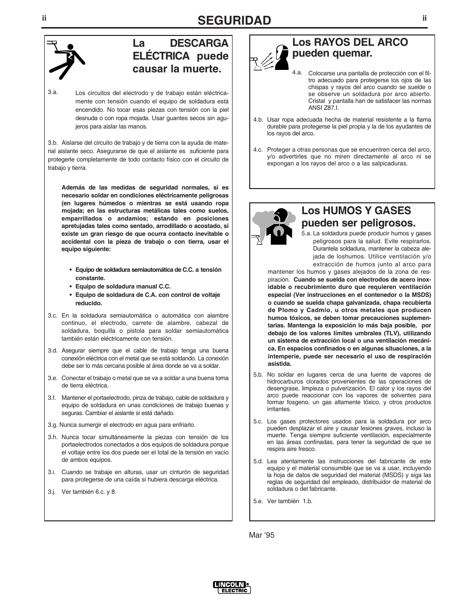 Seguridad, Los rayos del arco pueden quemar, La descarga eléctrica puede causar la muerte | Los humos y gases pueden ser peligrosos | Lincoln Electric IM859 POWER MIG 350MP User Manual | Page 3 / 46
