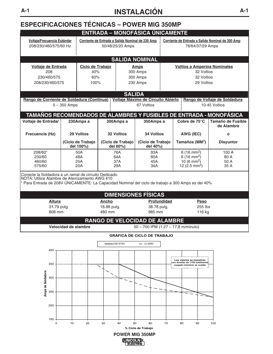 Instalación, Especificaciones técnicas – power mig 350mp, Dimensiones físicas | Rango de velocidad de alambre | Lincoln Electric IM859 POWER MIG 350MP User Manual | Page 8 / 46