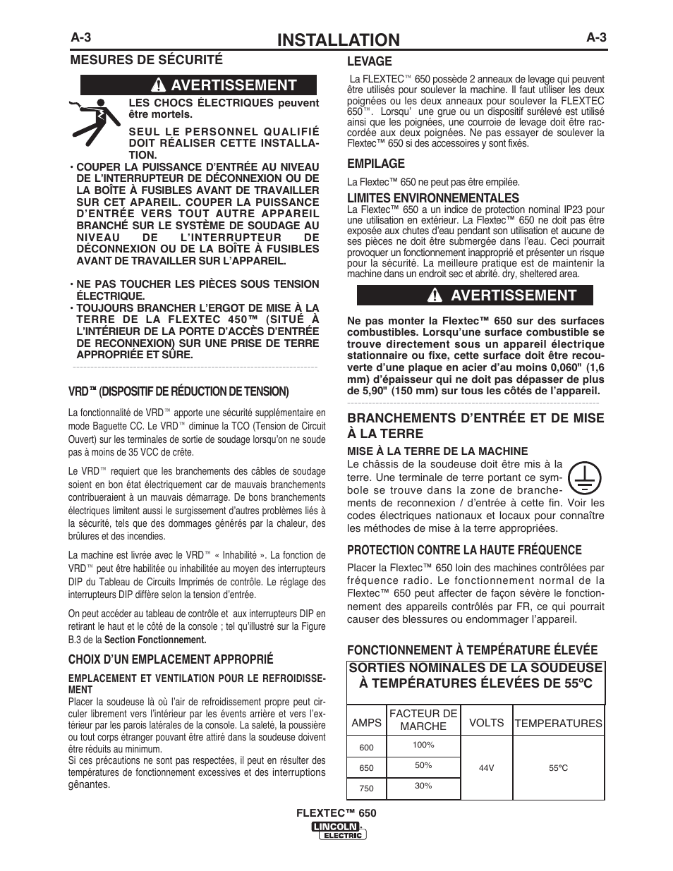 Installation, Avertissement | Lincoln Electric IM10132 FLEXTEC 650 User Manual | Page 10 / 36
