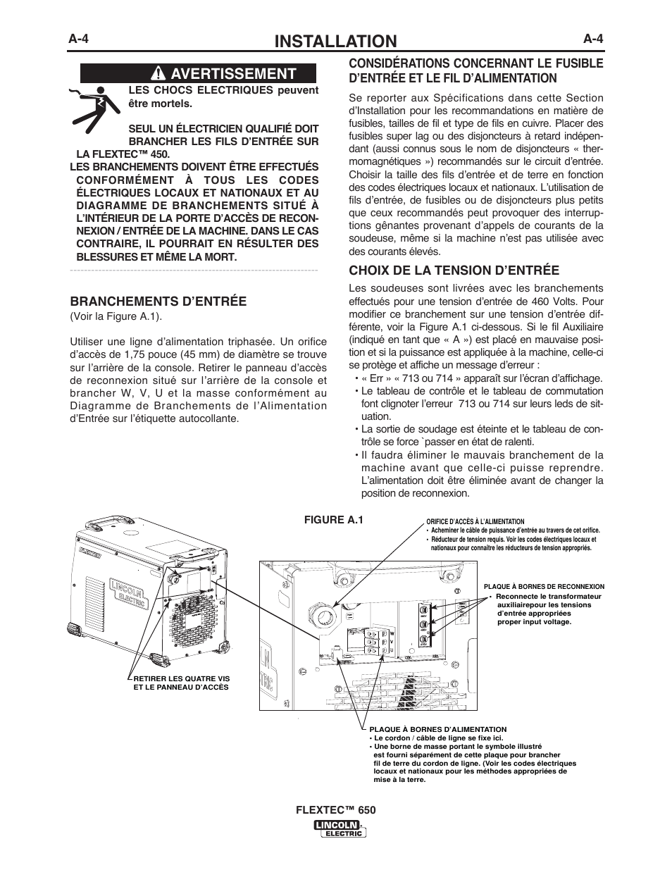 Installation, Avertissement | Lincoln Electric IM10132 FLEXTEC 650 User Manual | Page 11 / 36