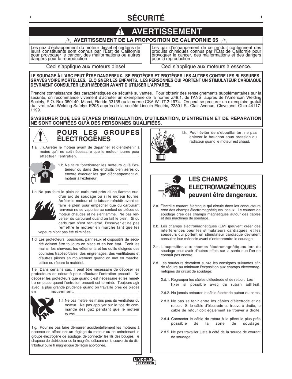 Avertissement, Sécurité, Pour les groupes électrogènes | Lincoln Electric IM10132 FLEXTEC 650 User Manual | Page 2 / 36