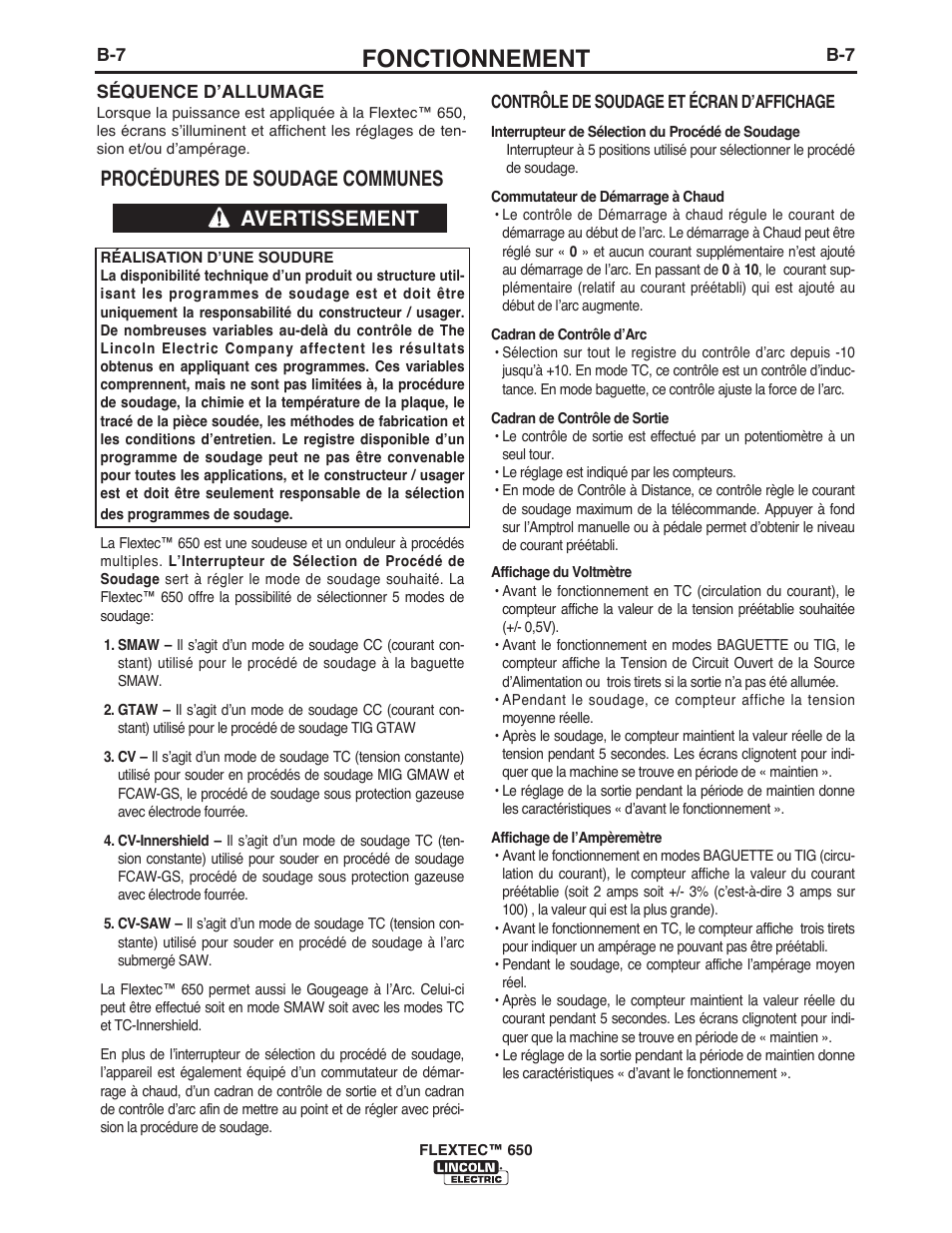 Fonctionnement, Procédures de soudage communes, Avertissement | Lincoln Electric IM10132 FLEXTEC 650 User Manual | Page 21 / 36