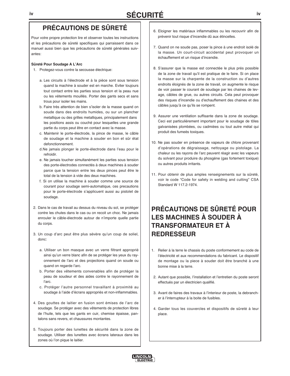 Sécurité, Précautions de sûreté | Lincoln Electric IM10132 FLEXTEC 650 User Manual | Page 5 / 36
