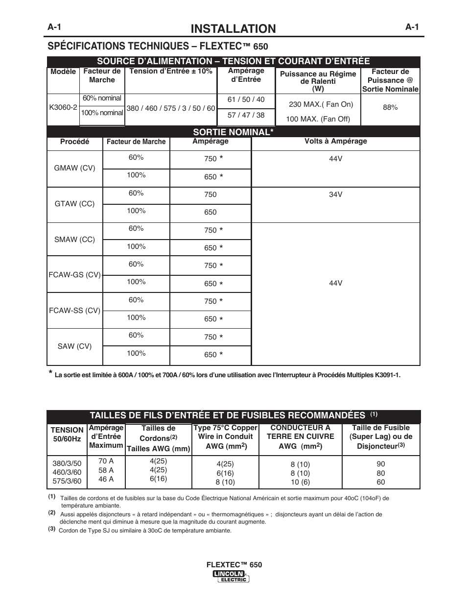 Installation, Spécifications techniques – flextec | Lincoln Electric IM10132 FLEXTEC 650 User Manual | Page 8 / 36
