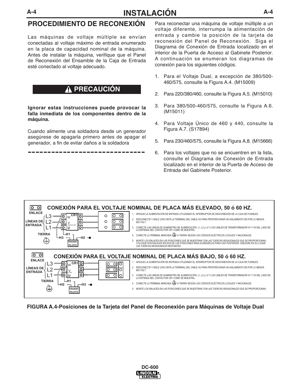 Instalación, Procedimiento de reconexión, Precaución | L3 l2 l1 | Lincoln Electric IM642 IDEALARC DC-600 User Manual | Page 12 / 56