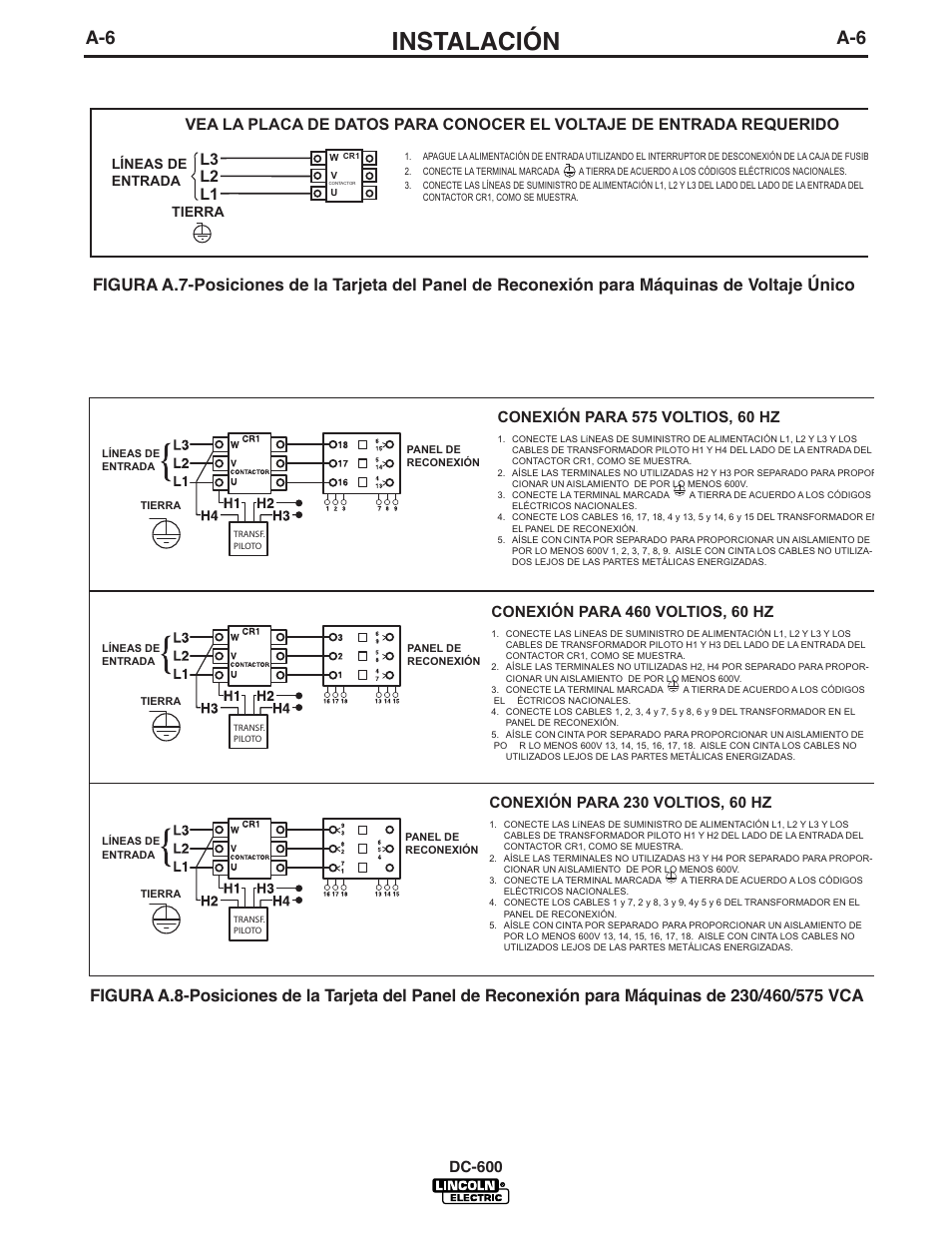 Instalación, L3 l2 l1, Dc-600 | Líneas de entrada tierra | Lincoln Electric IM642 IDEALARC DC-600 User Manual | Page 14 / 56