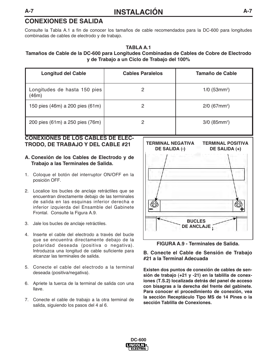 Instalación, Conexiones de salida | Lincoln Electric IM642 IDEALARC DC-600 User Manual | Page 15 / 56