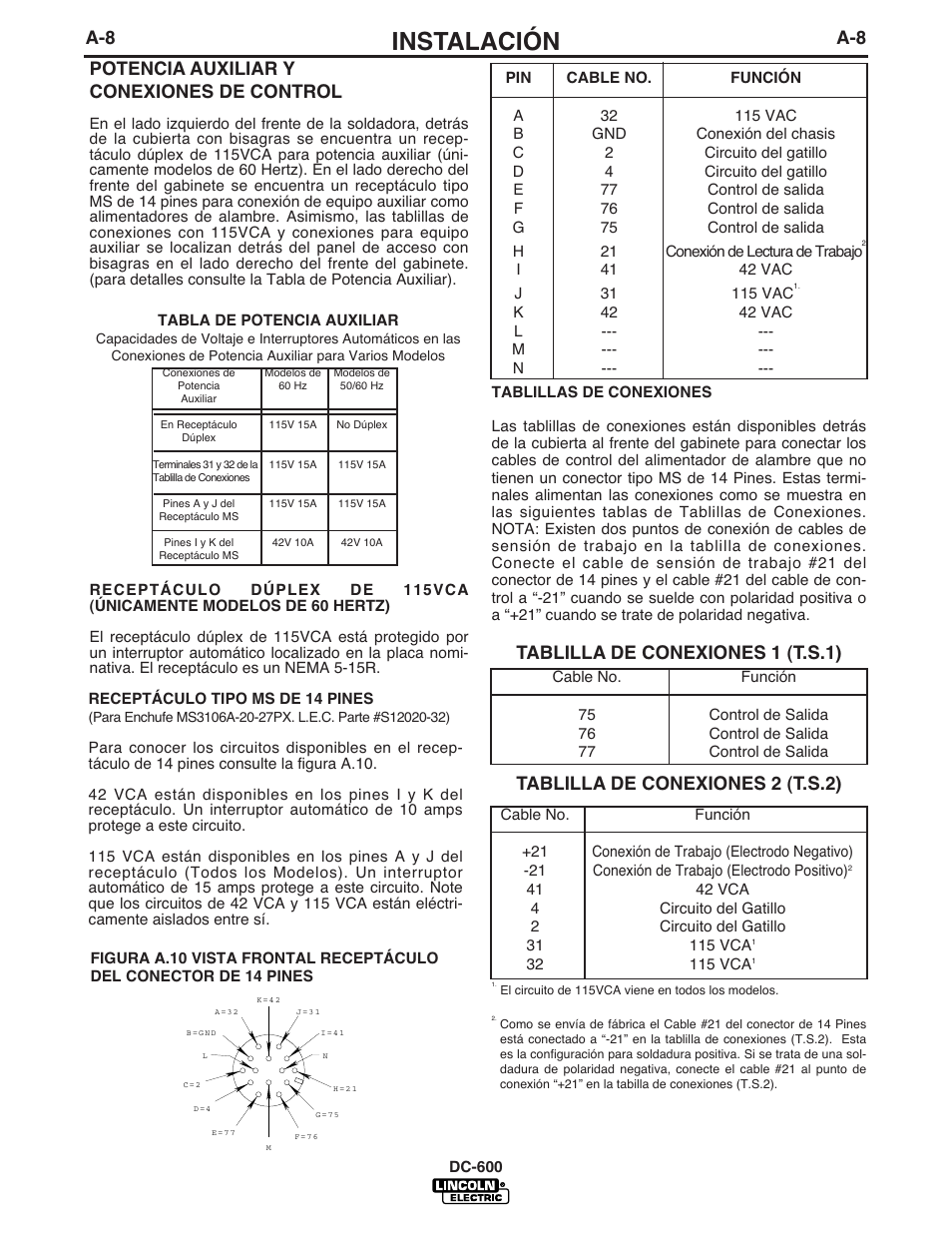 Instalación, A-8 potencia auxiliar y conexiones de control | Lincoln Electric IM642 IDEALARC DC-600 User Manual | Page 16 / 56