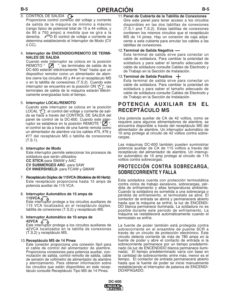 Operación | Lincoln Electric IM642 IDEALARC DC-600 User Manual | Page 21 / 56