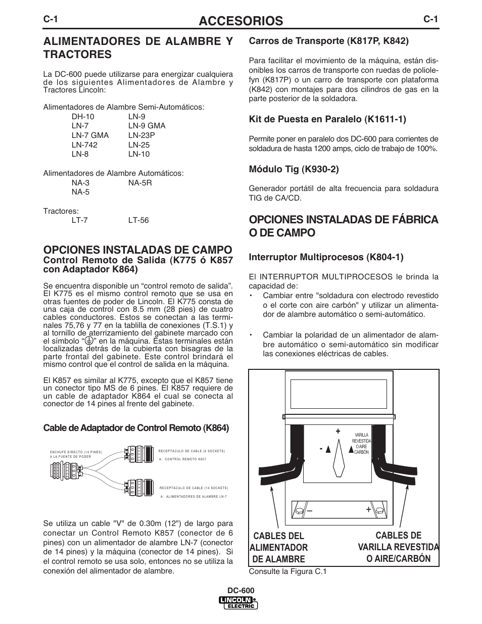 Accesorios, Alimentadores de alambre y tractores, Opciones instaladas de campo | Opciones instaladas de fábrica o de campo | Lincoln Electric IM642 IDEALARC DC-600 User Manual | Page 25 / 56