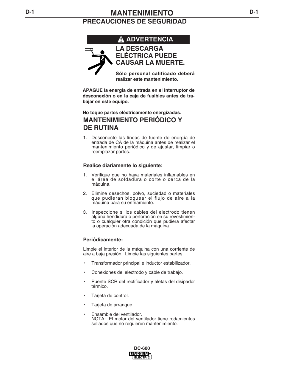 Mantenimiento, Mantenimiento periódico y de rutina, Advertencia | Lincoln Electric IM642 IDEALARC DC-600 User Manual | Page 28 / 56