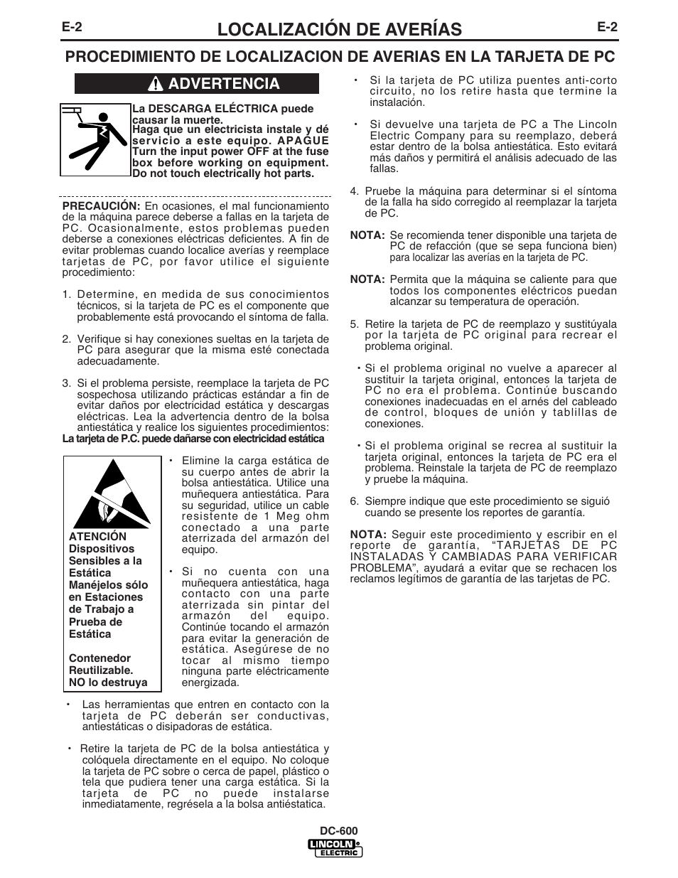 Localización de averías, Advertencia | Lincoln Electric IM642 IDEALARC DC-600 User Manual | Page 30 / 56