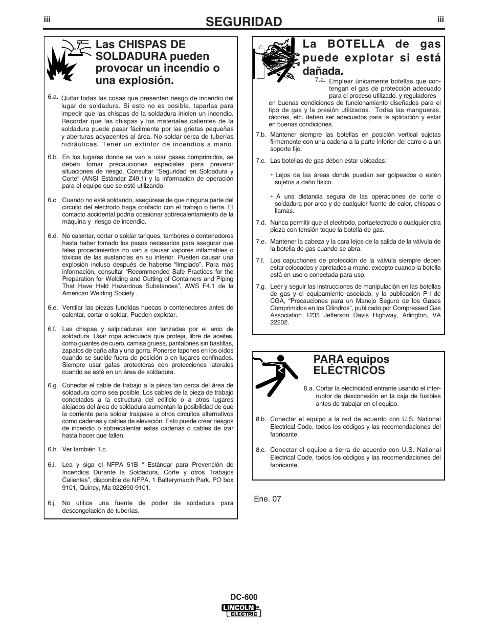 Seguridad, Para equipos eléctricos, La botella de gas puede explotar si está dañada | Lincoln Electric IM642 IDEALARC DC-600 User Manual | Page 4 / 56