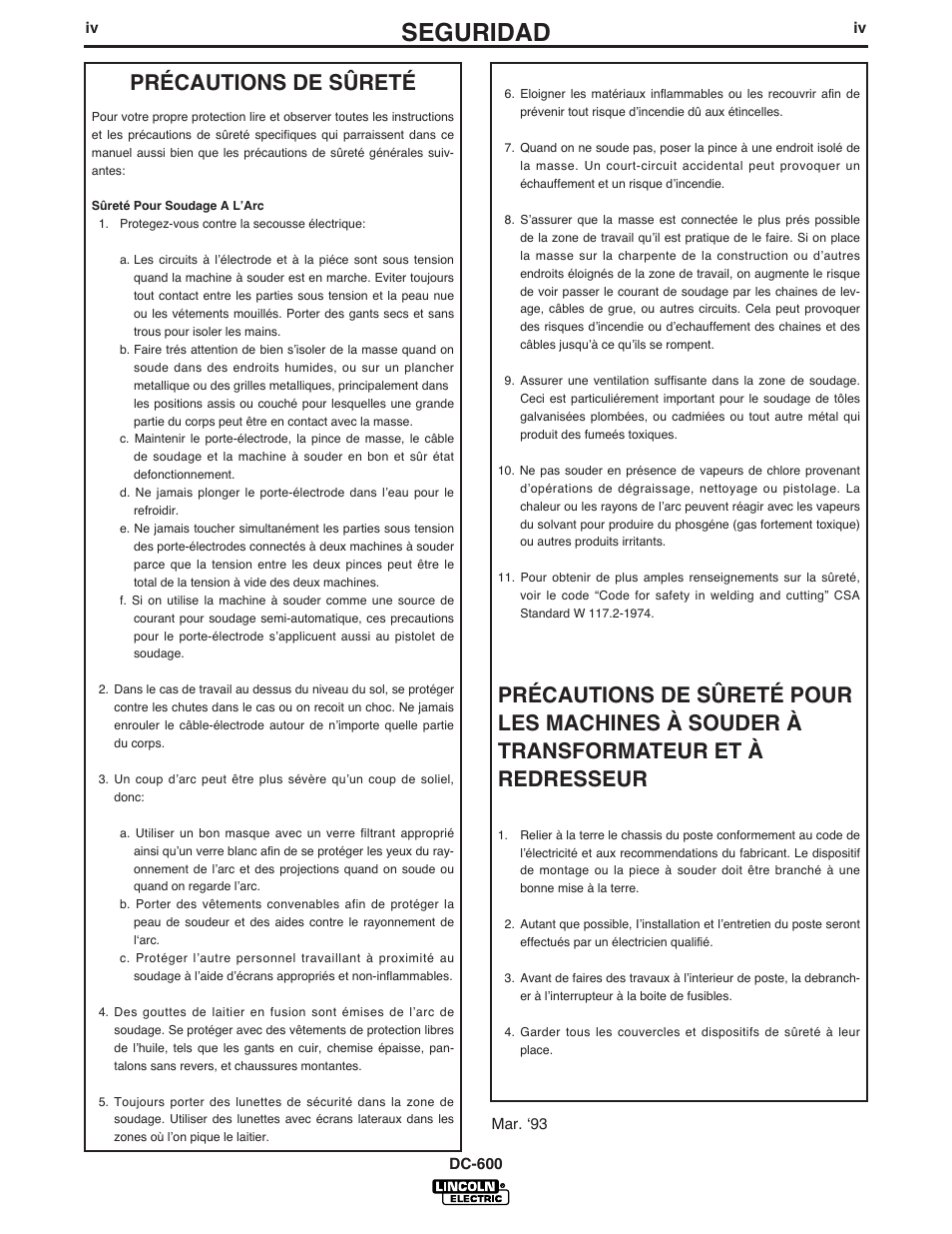 Seguridad, Précautions de sûreté | Lincoln Electric IM642 IDEALARC DC-600 User Manual | Page 5 / 56