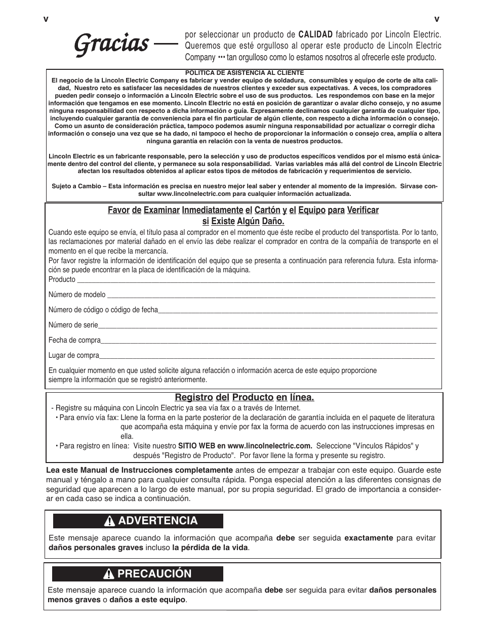 Gracias, Advertencia, Precaución | Lincoln Electric IM642 IDEALARC DC-600 User Manual | Page 6 / 56