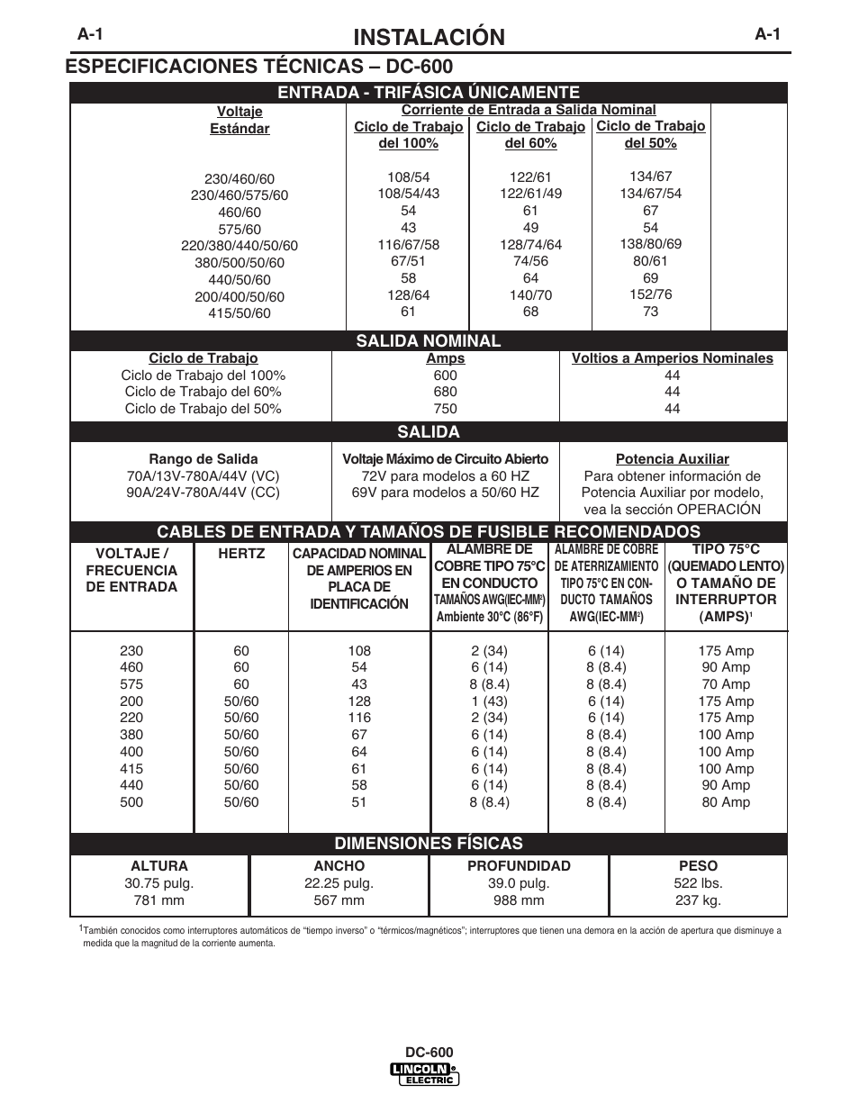 Instalación, Especificaciones técnicas – dc-600 | Lincoln Electric IM642 IDEALARC DC-600 User Manual | Page 9 / 56