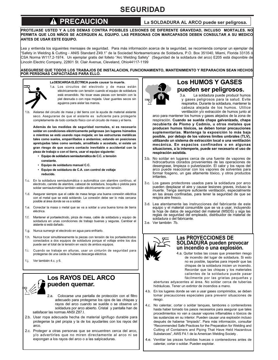 Seguridad, Precaucion, Los humos y gases pueden ser peligrosos | Los rayos del arco pueden quemar | Lincoln Electric IM474 IDEALARC DC-400 User Manual | Page 2 / 51