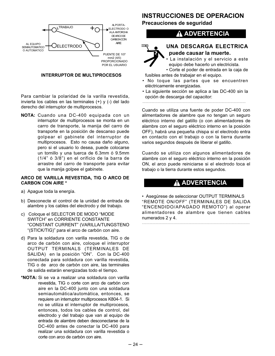 Instrucciones de operacion, Advertencia, Precauciones de seguridad | Una descarga electrica puede causar la muerte | Lincoln Electric IM474 IDEALARC DC-400 User Manual | Page 24 / 51