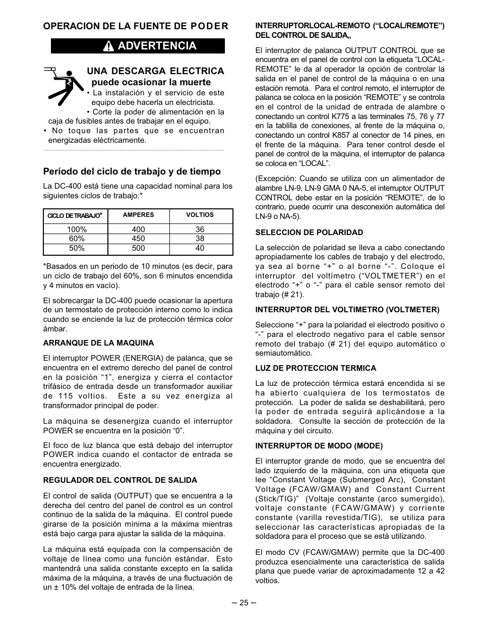 Advertencia | Lincoln Electric IM474 IDEALARC DC-400 User Manual | Page 25 / 51