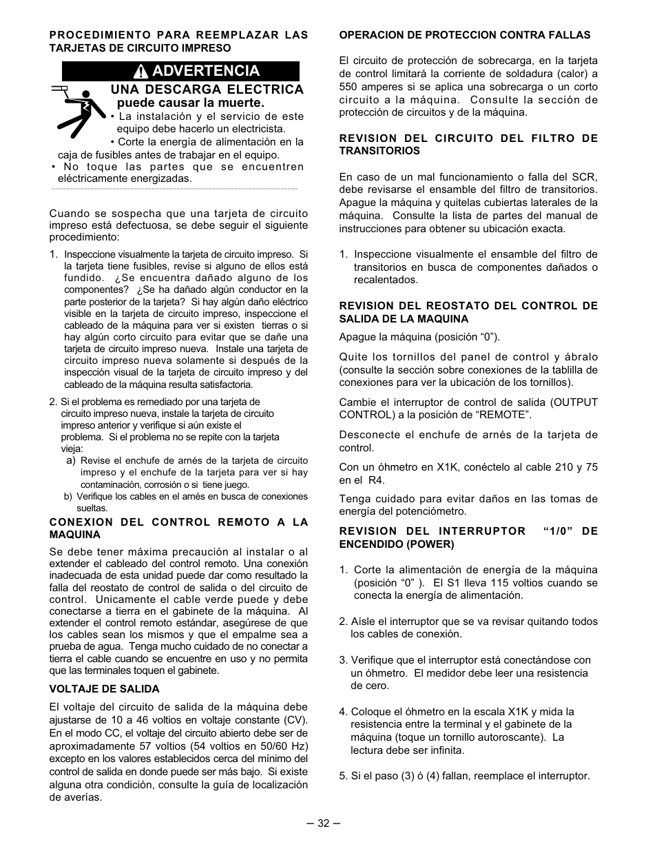 Advertencia | Lincoln Electric IM474 IDEALARC DC-400 User Manual | Page 32 / 51