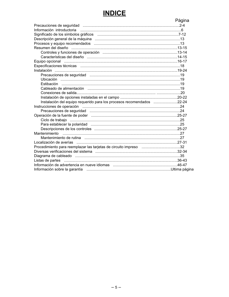 Indice | Lincoln Electric IM474 IDEALARC DC-400 User Manual | Page 5 / 51