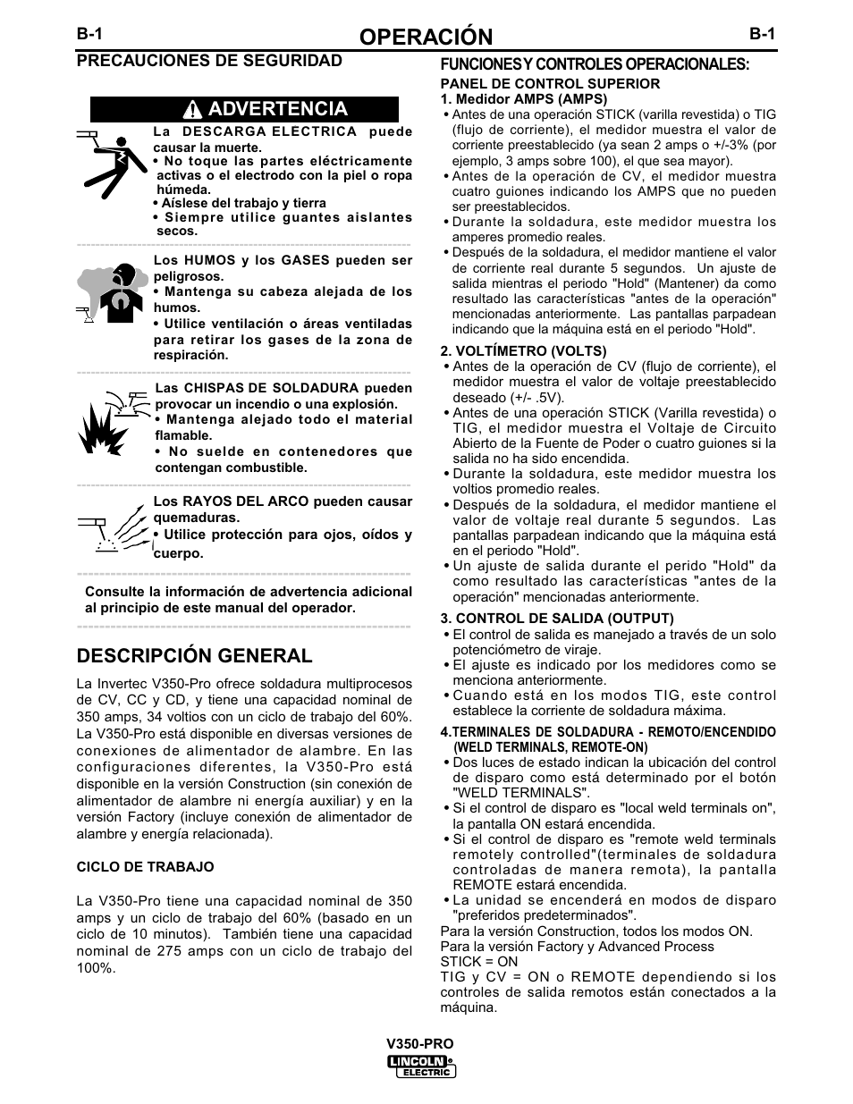 Operación, Descripción general, Advertencia | Lincoln Electric IM679 INVERTEC V350-PRO User Manual | Page 12 / 40