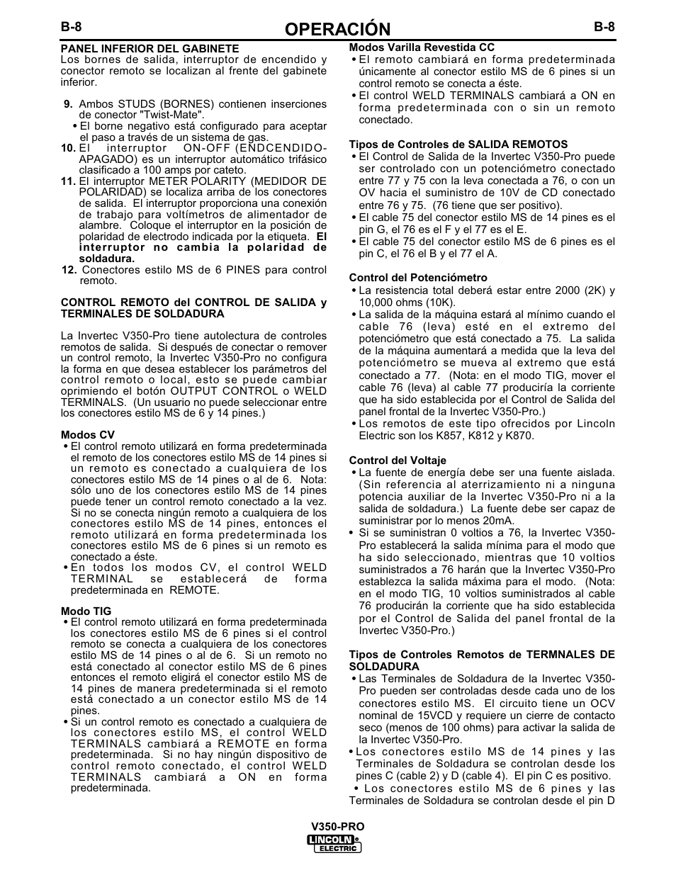 Operación | Lincoln Electric IM679 INVERTEC V350-PRO User Manual | Page 19 / 40