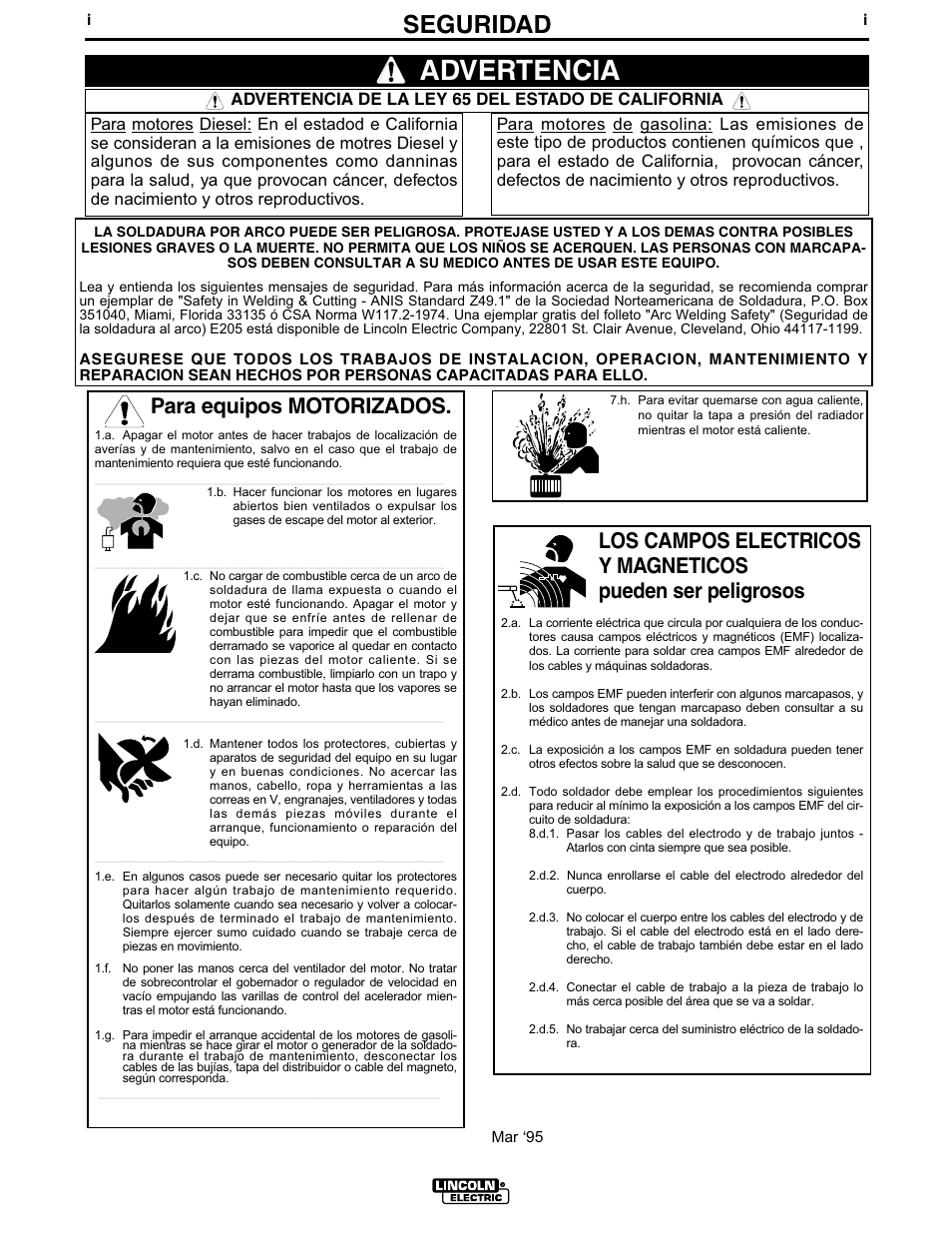 Advertencia, Seguridad, Para equipos motorizados | Lincoln Electric IM679 INVERTEC V350-PRO User Manual | Page 2 / 40