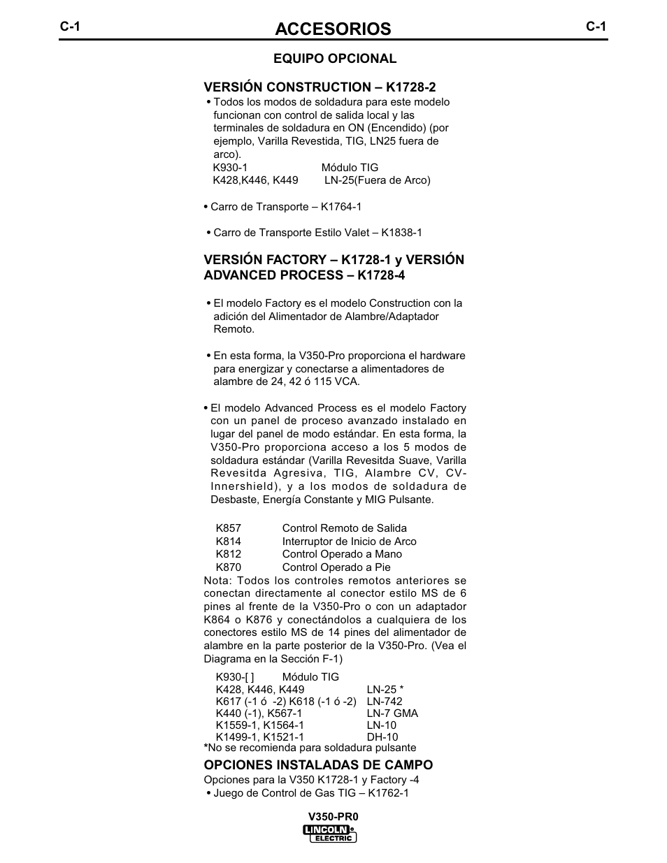 Accesorios | Lincoln Electric IM679 INVERTEC V350-PRO User Manual | Page 21 / 40