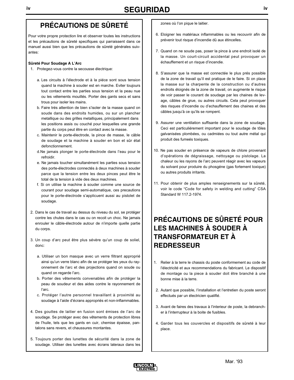 Seguridad, Précautions de sûreté | Lincoln Electric IM679 INVERTEC V350-PRO User Manual | Page 5 / 40