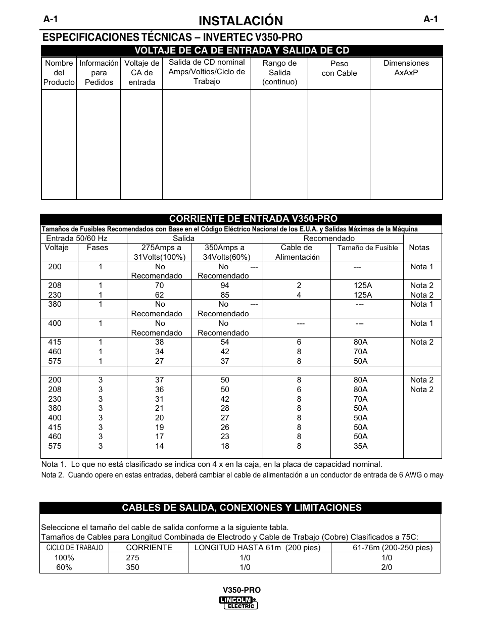 Instalación, Especificaciones técnicas – invertec v350-pro | Lincoln Electric IM679 INVERTEC V350-PRO User Manual | Page 8 / 40