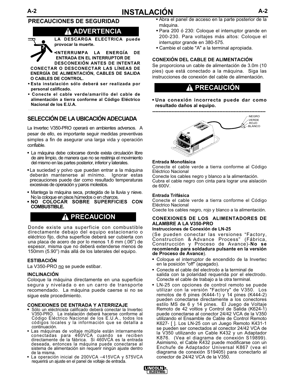 Instalación, Advertencia, Precaucion precaución | A-2 selección de la ubicación adecuada, Precauciones de seguridad | Lincoln Electric IM679 INVERTEC V350-PRO User Manual | Page 9 / 40