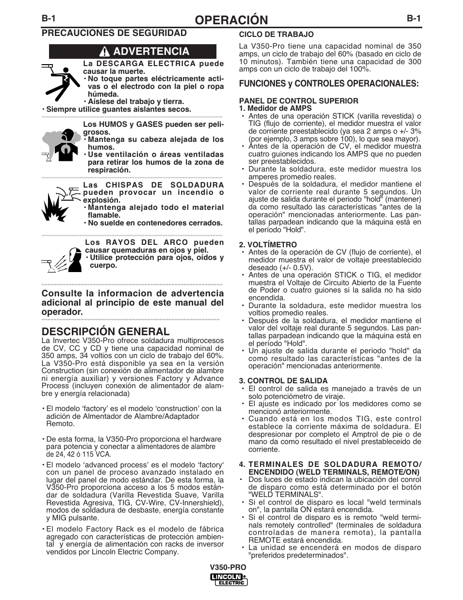 Operación, Advertencia descripción general | Lincoln Electric IM731 INVERTEC V350-PRO User Manual | Page 13 / 39