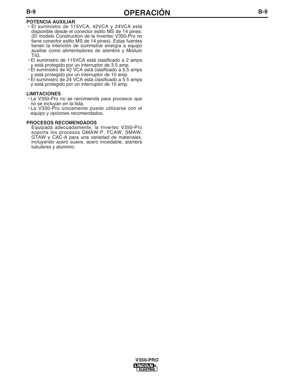 Operación | Lincoln Electric IM731 INVERTEC V350-PRO User Manual | Page 21 / 39