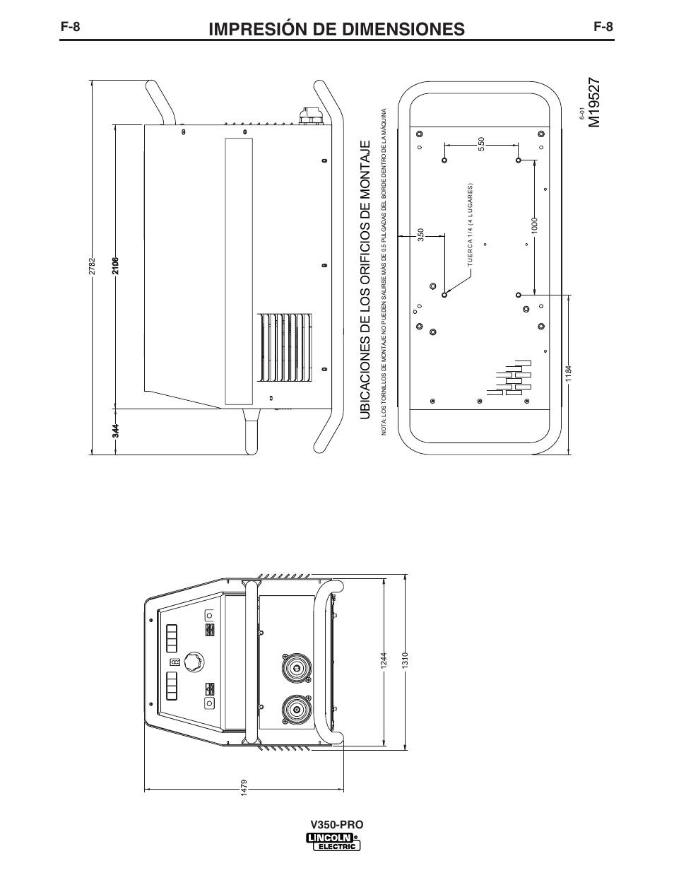 Impresión de dimensiones, Ubicaciones de los orificios de montaje | Lincoln Electric IM731 INVERTEC V350-PRO User Manual | Page 36 / 39