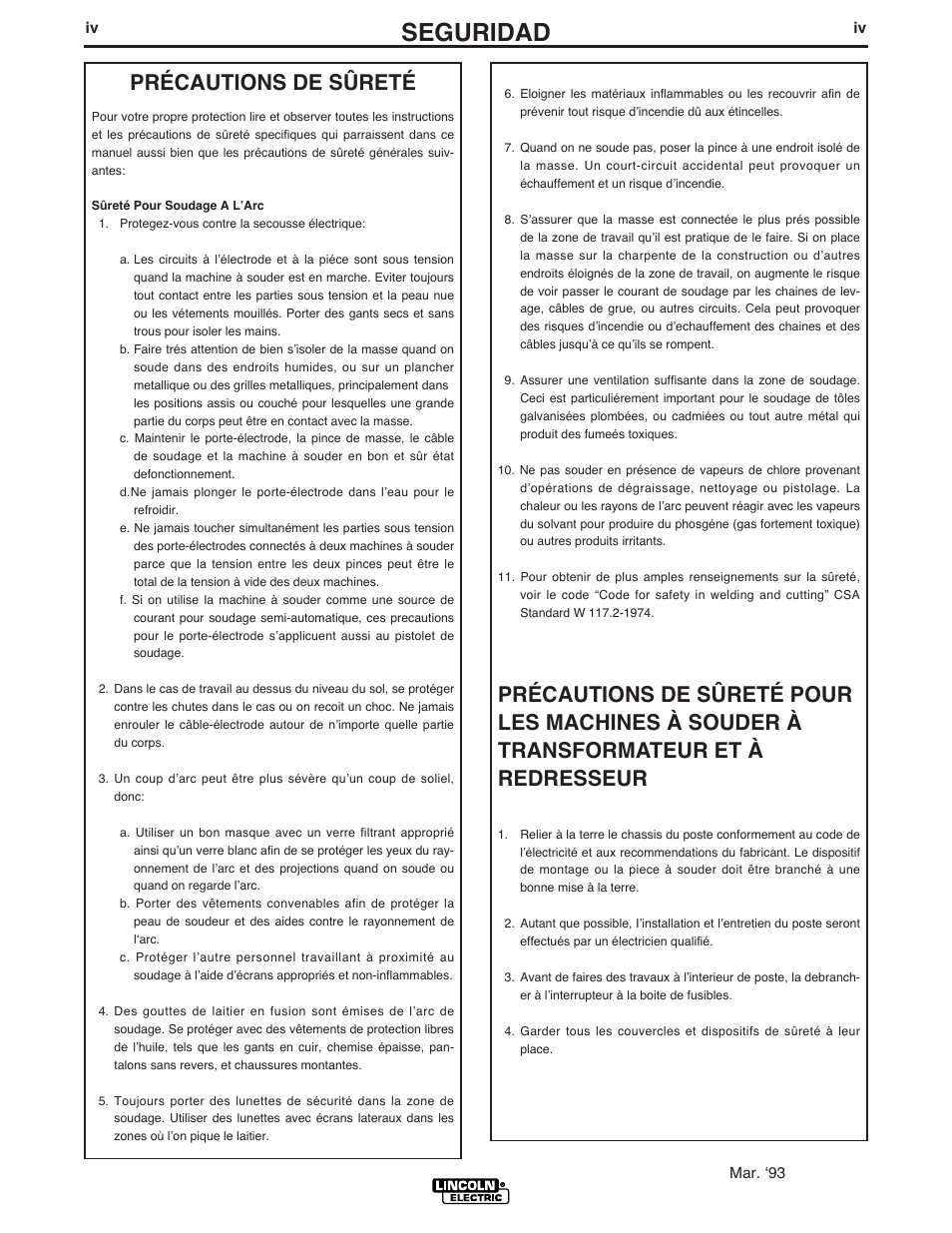 Seguridad, Précautions de sûreté | Lincoln Electric IM731 INVERTEC V350-PRO User Manual | Page 5 / 39