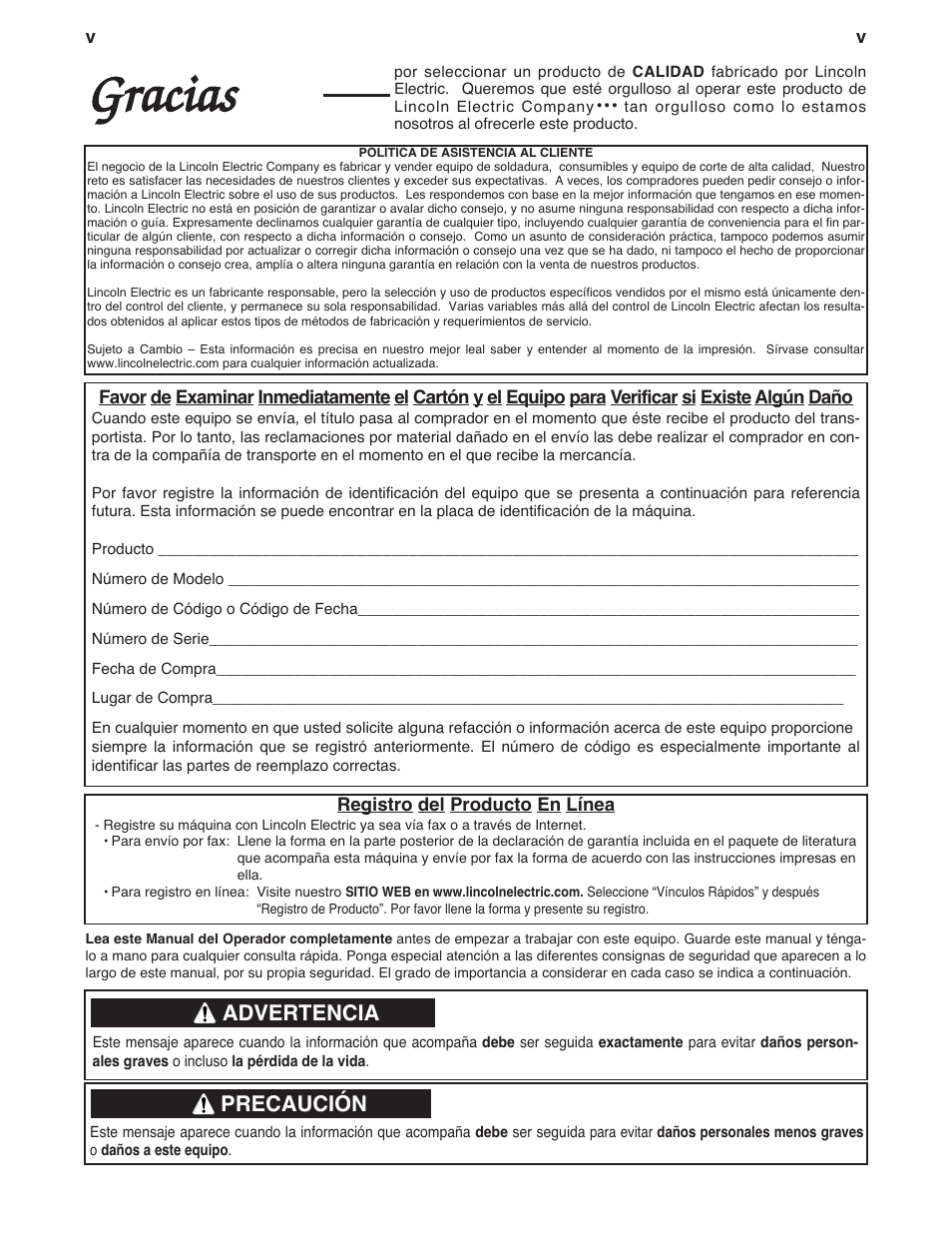 Gracias, Advertencia, Precaución | Lincoln Electric IM731 INVERTEC V350-PRO User Manual | Page 6 / 39